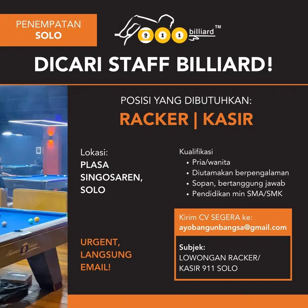 Lowongan kasir dan racker 911 Billiard Solo