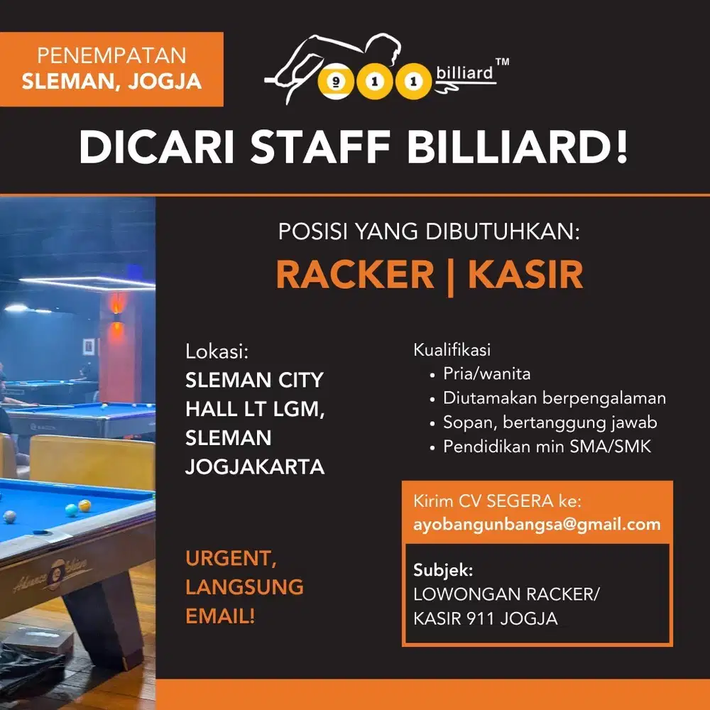 Lowongan kasir dan racker 911 Billiard Jogja