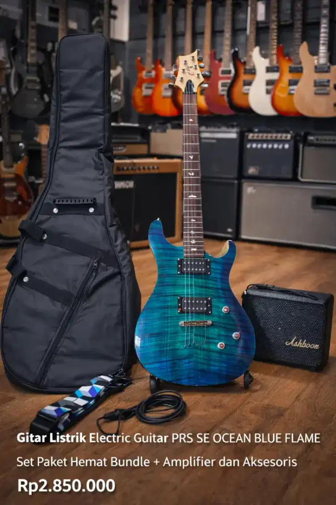 Gitar Listrik Guitar Electric PRS Biru Ocean Blue Flame Set Amplifier