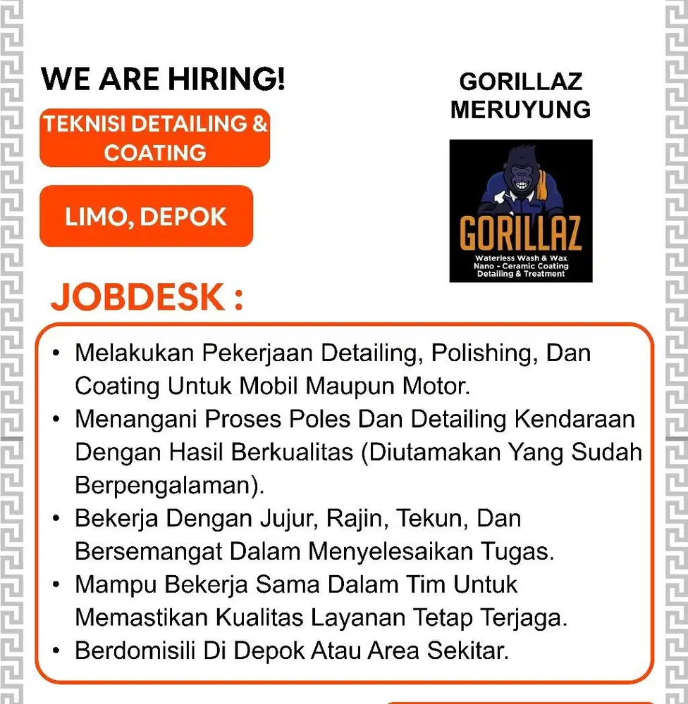 Lowongan Teknisi Poles Dan Coating Untuk Mobil Maupun Motor.