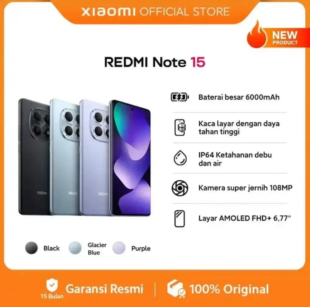 Baru..Xiaomi Redmi Note 15 4G 8/256 Grs Resmi (Warna : Black,Purple)