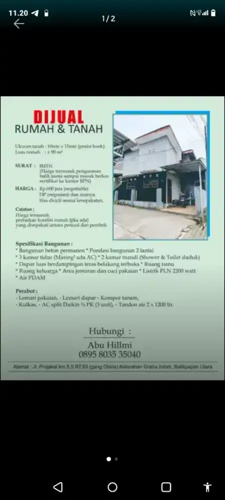 Rumah 2 Lantai Hook 3 KT – LT 150 m² – Balikpapan Utara (Nego)