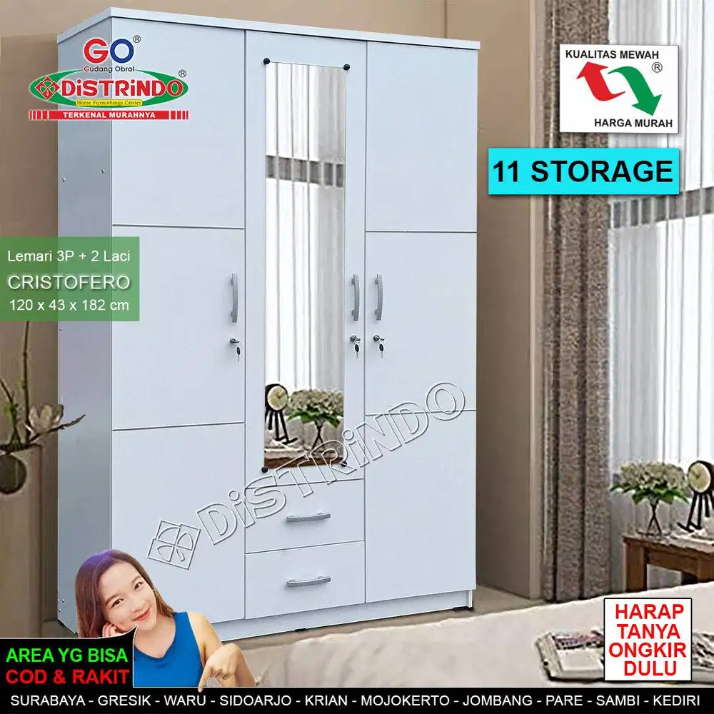DISTRINDO Lemari Pakaian 3Pintu Minimalis dengan 2Laci + Cermin Panjan