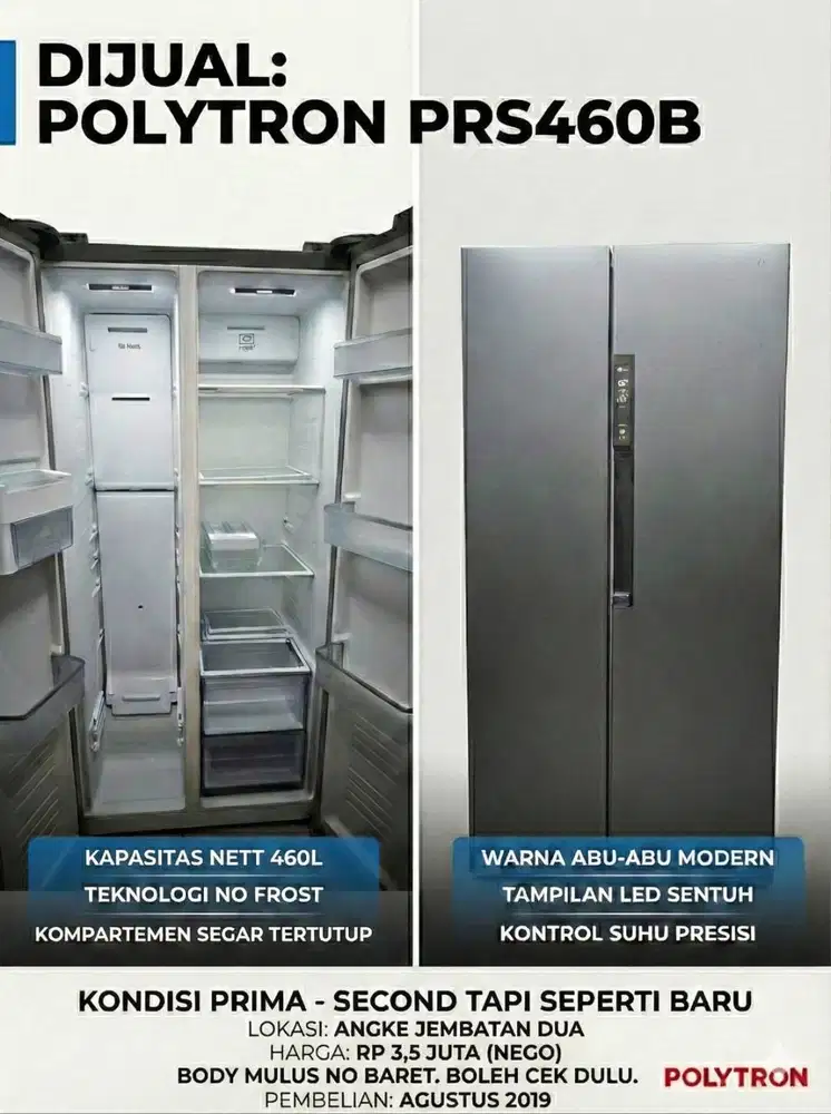 JUAL KULKAS POLYTRON SIDE BY SIDE TYPE PRS460B