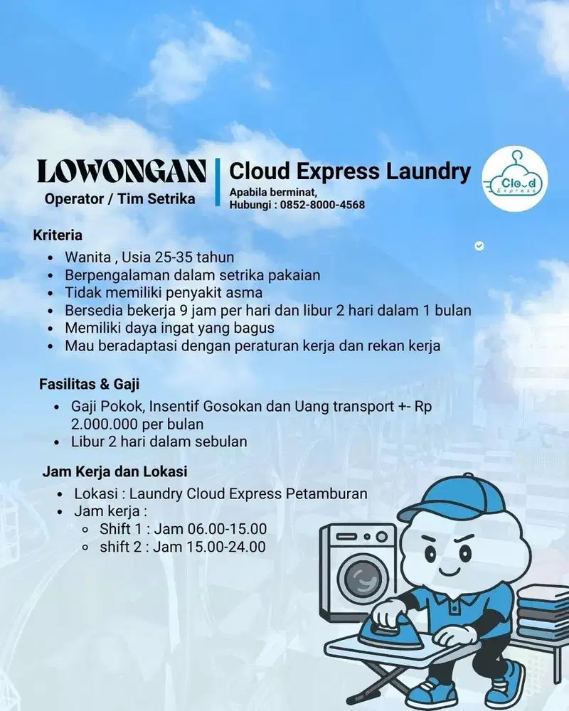 Lowongan setrika laundry GAJI BESAR