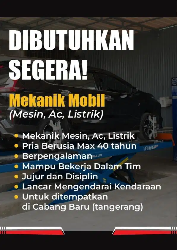 Lowongan Mekanik Mobil (Mesin, AC, Listrik)