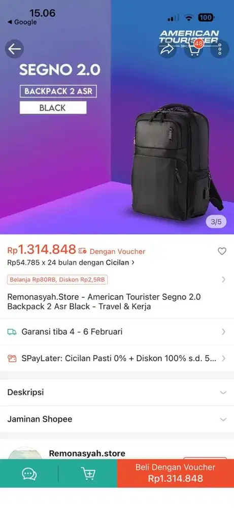 Dijual Tas Ransel Laptop merk American Tourister New