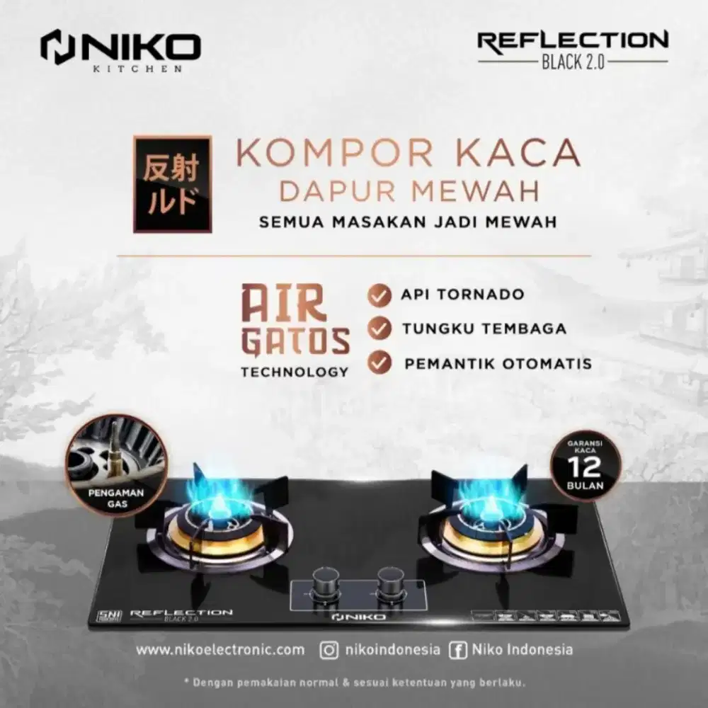 Bisa Cicilan.Niko Reflection 2.0 Black Kompor Gas Tanam 2 Tungku Kaca