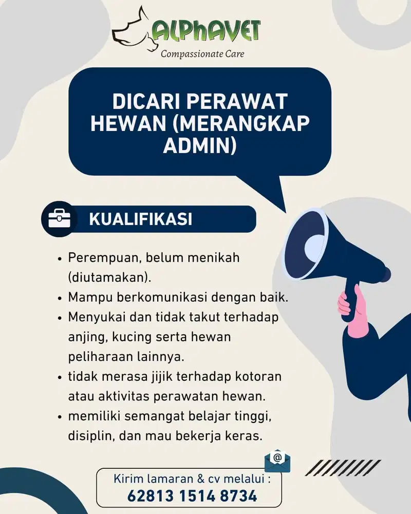 Lowongan Kerja Perawat Hewan (Merangkap Admin)