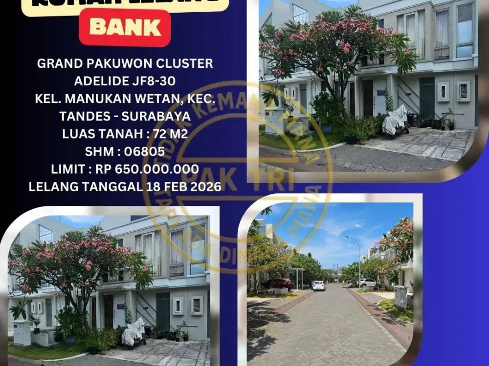 JUAL RUMAH LELANG BANK DI SURABAYA (GRAND PAKUWON CLUSTER ADELIDE) – LELANG KPKNL