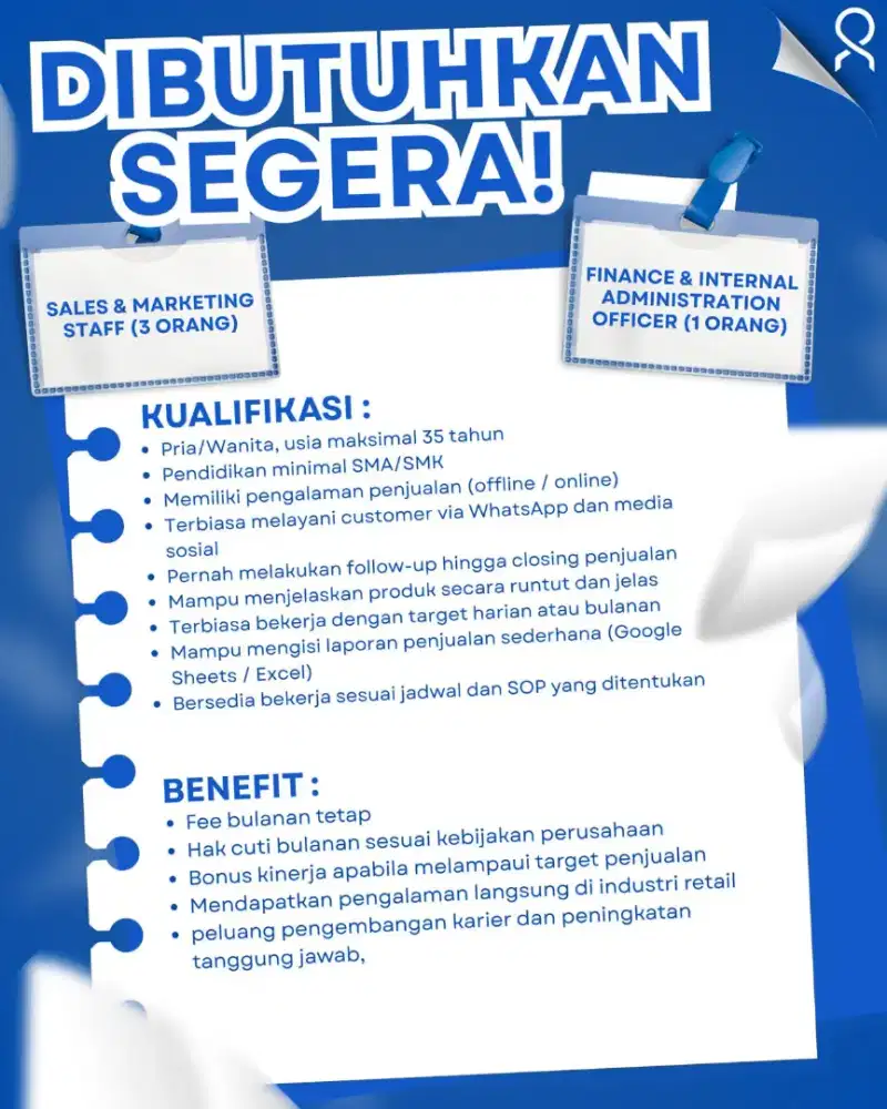 DI BUTUHKAN SEGERA SALES & MARKETING STAFF