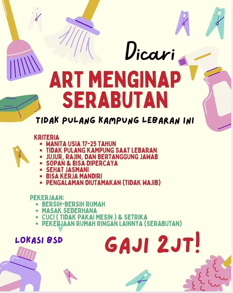 Dicari art menginap serabutan & tidak pulang kampung