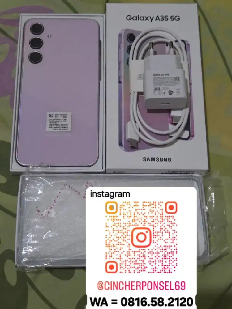 Jual hp samsung A35 5g 8/256 lilac likenew grsn resmi free ADAPTOR