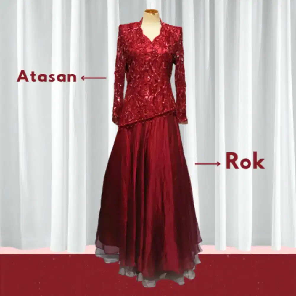 Baju Pesta Merah Maroon Motif Brokat