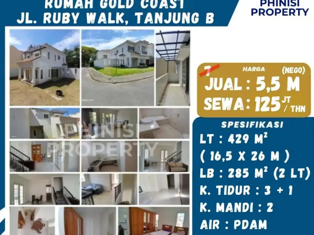 DIJUAL RUMAH SUDUT KOMPLEKS GOLD COAST TANJUNG BUNGA