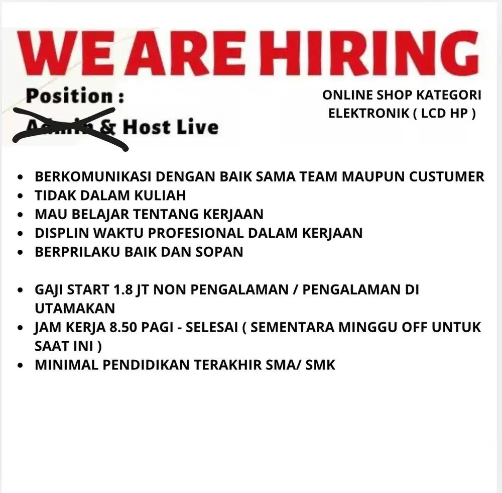 LOWONGAN KERJA WANITA HOST LIVE