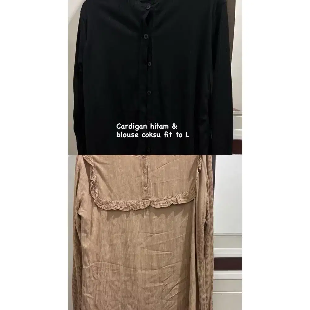 Cardigan hitam dan blouse coklat