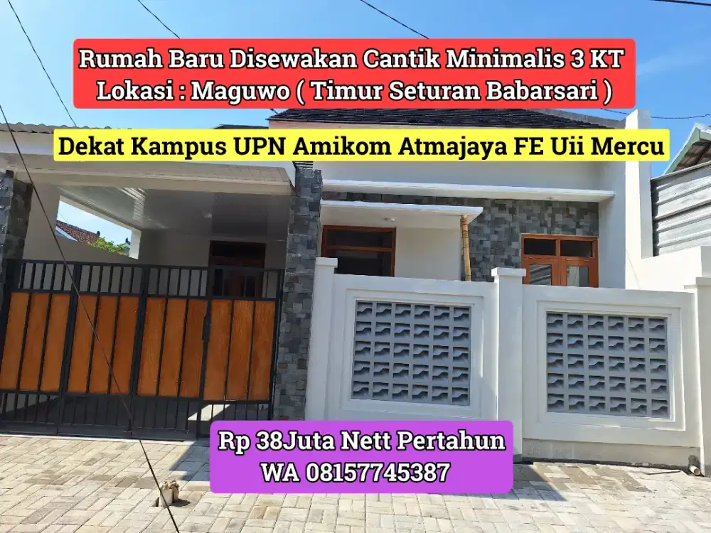 RUMAH DEKAT UPN ATMAJAYA SETURAN BABARSARI BARU CANTIK DISEWAKAN 3KT