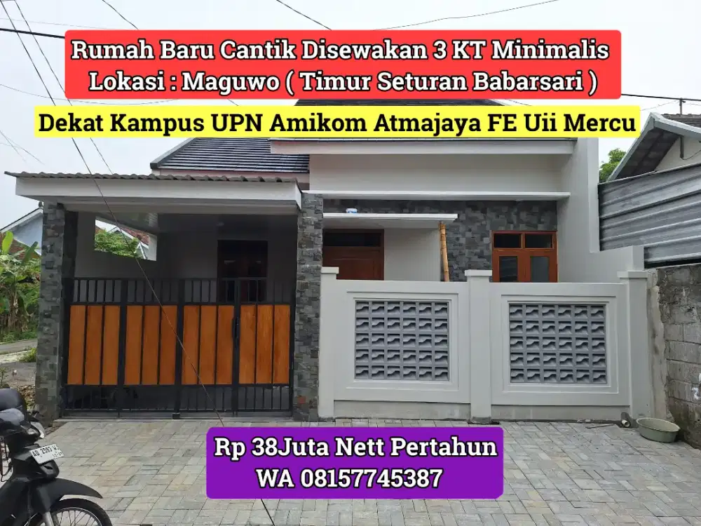 RUMAH BARU DISEWAKAN 3KT DEKAT UPN SETURAN BABARSARI ATMAJAYA 38JT NET