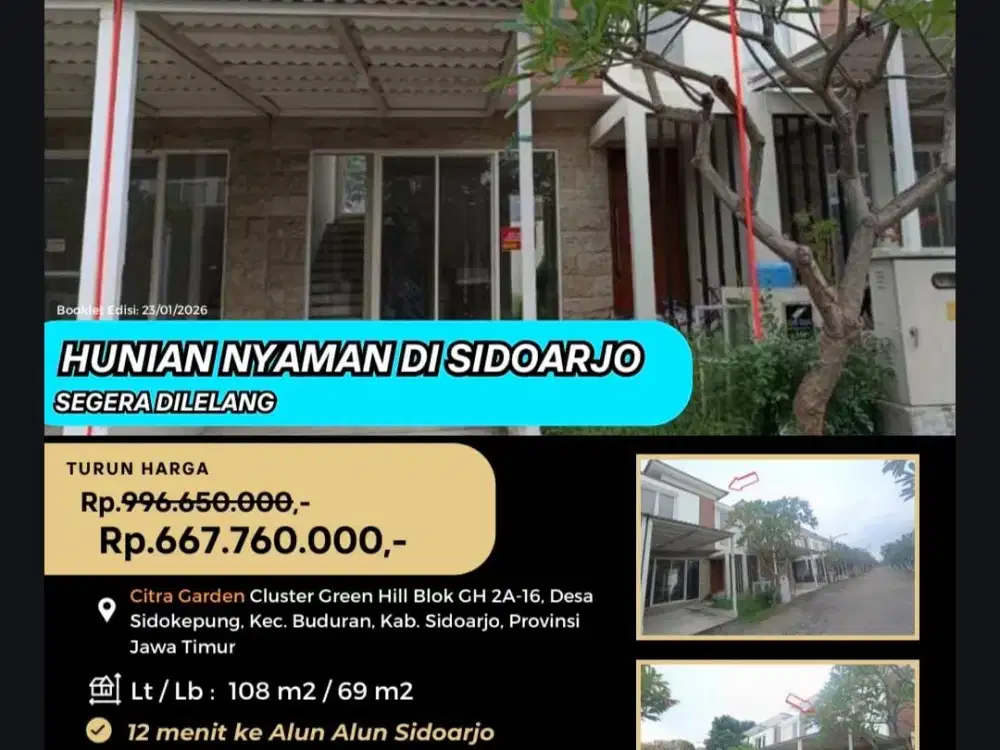 Lelang Rumh di Citra Garden Cluster Green Hill Blok GH 2A-16, Desa Sidokepung, Kec. Buduran, Kab. Sidoarjo, Provinsi Jawa Timur.
