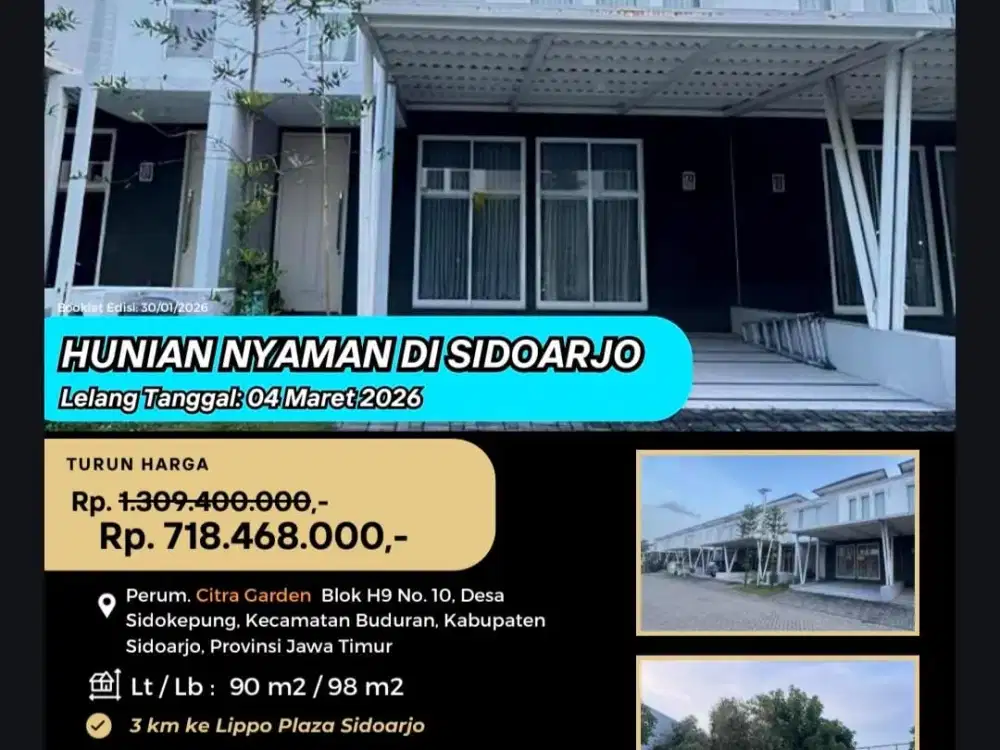 Lelang di Perumahan Citra Garden Blok H9 Kav No. 10 (Cluster Orchard), Desa Sidokepung, Kec. Buduran, Kab. Sidoarjo, Jawa Timur.