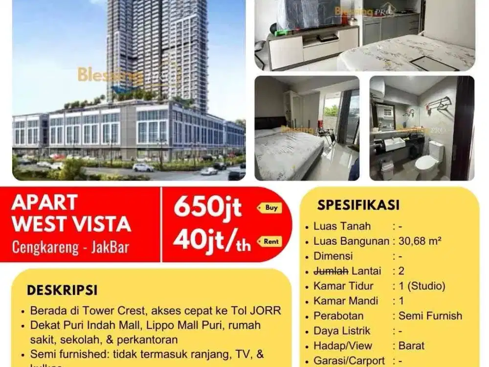 Disewakan atau dijual Apartemen The Crest West Vista Furnished