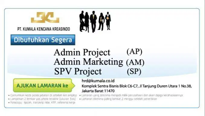 Lowongan Kerja Admin Project, Admin Marketing dan Supervisor