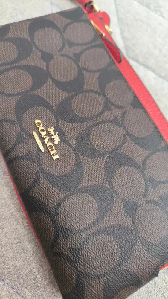 Coach Double Zip Wallet In Signature Canvas Brown Red