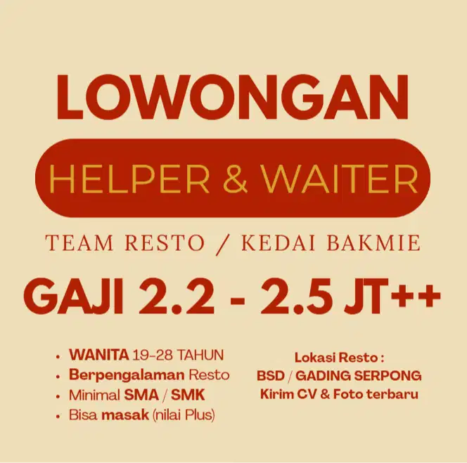 LOWONGAN KERJA HELPER WAITER RESTO JAGA STAND BAKMIE FOODCOURT BSD GS