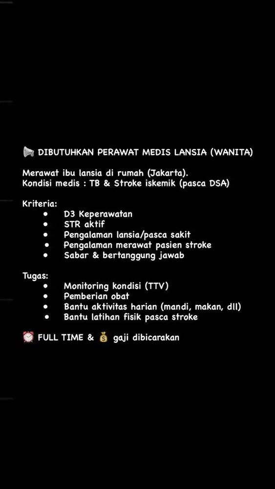 DICARI PERAWAT MEDIS LANSIA SEGERA
