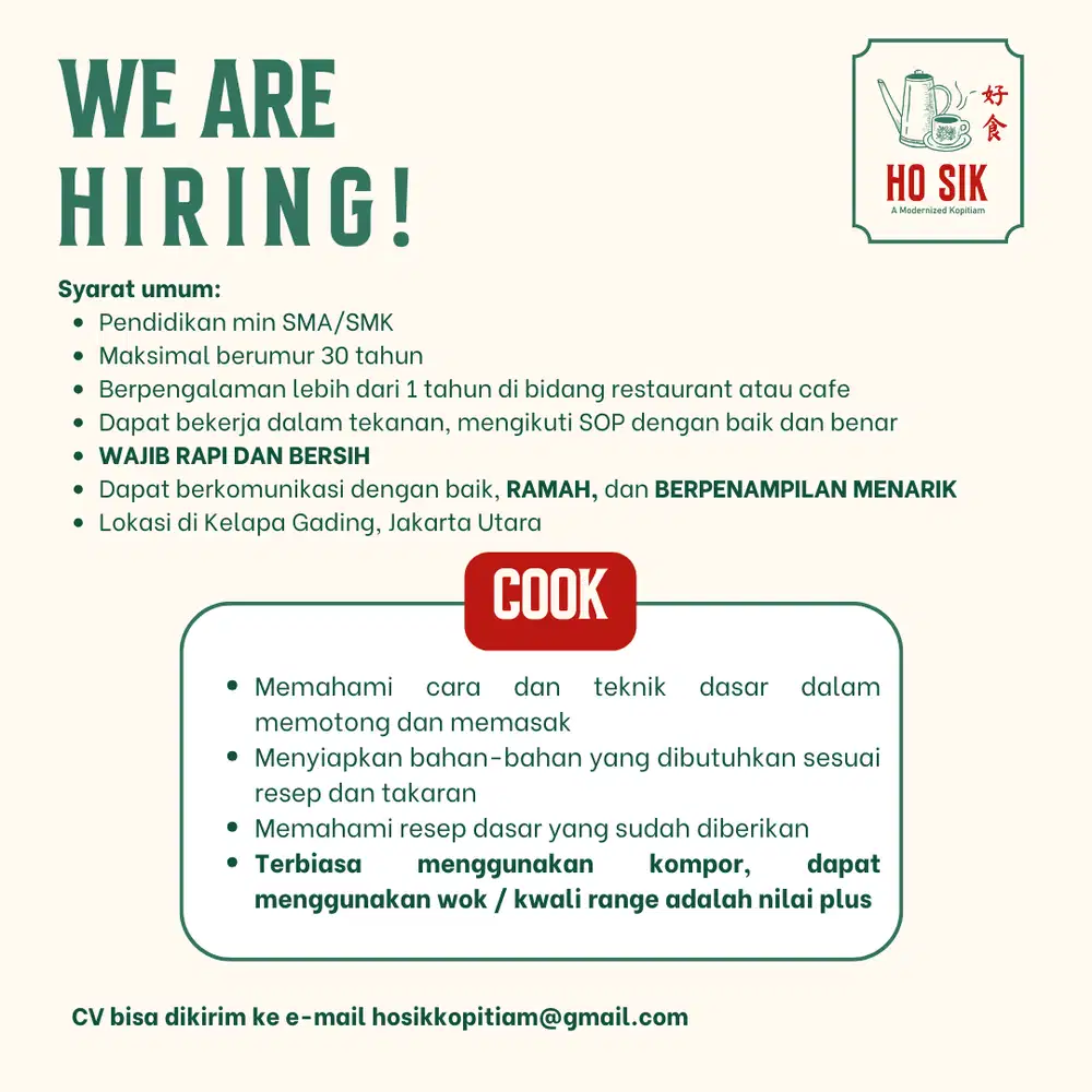 DIBUTUHKAN SEGERA, BAGIAN KITCHEN SEBAGAI COOK