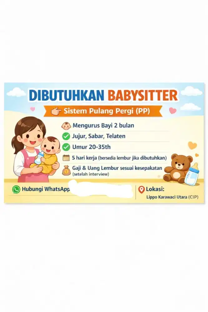 Dicari pengasuh baby 2 bulan PP (tidak menginap) lokasi Lippo Karawaci
