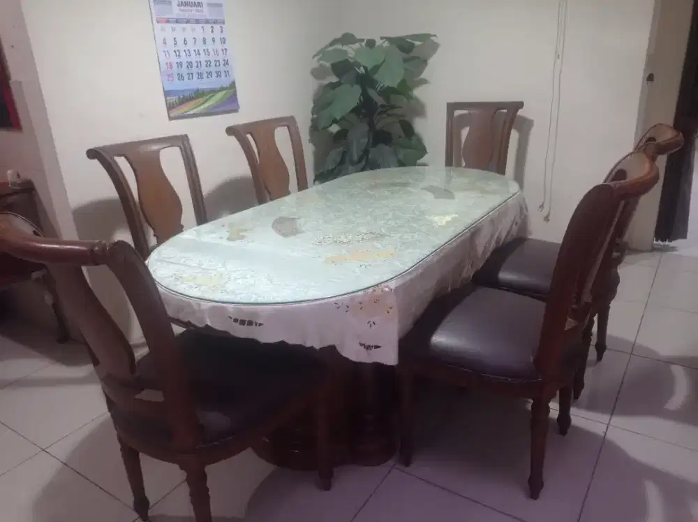 Meja makan jati tebal 6 kursi