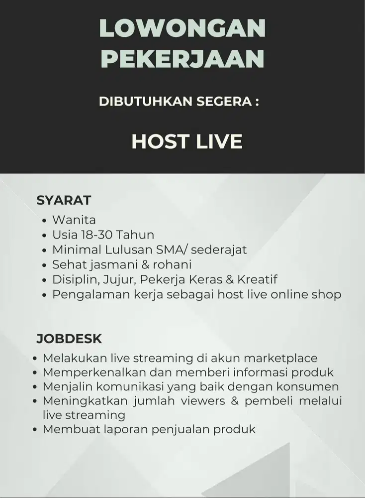 Loker HOST LIVE Shopee Tiktok
