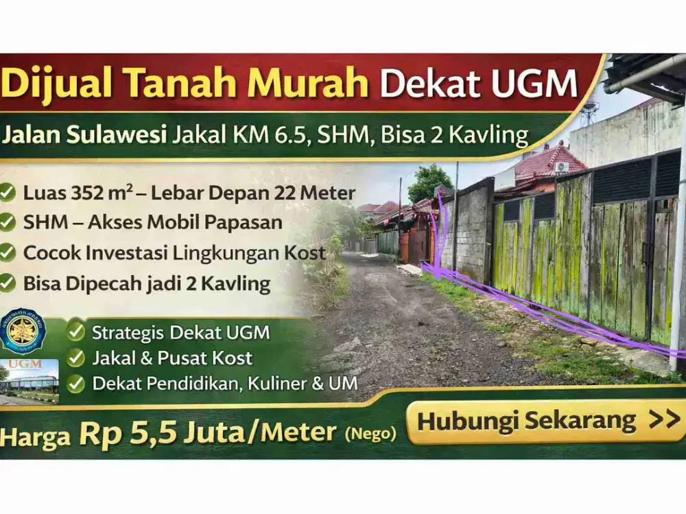 Dijual Tanah Murah Dekat UGM – Jalan Sulawesi Jakal KM 6.5, SHM, Bisa 2 Kavling