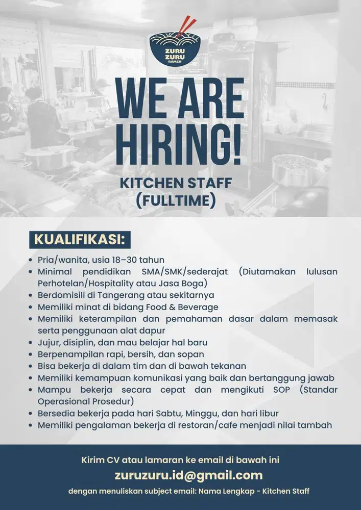DICARI KARYAWAN DAPUR / KITCHEN STAFF