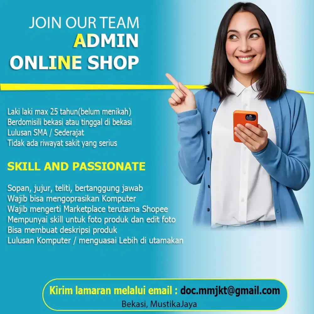 LOWONGAN KERJA
ADMIN SOSMED ONLINE SHOP
(KHUSUS PRIA / LAKI-LAKI)