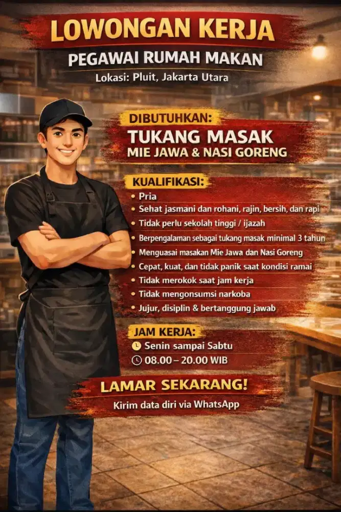 Lowongan Tukang Masak Mie Jawa & Nasi Goreng (Min. 3 Tahun)