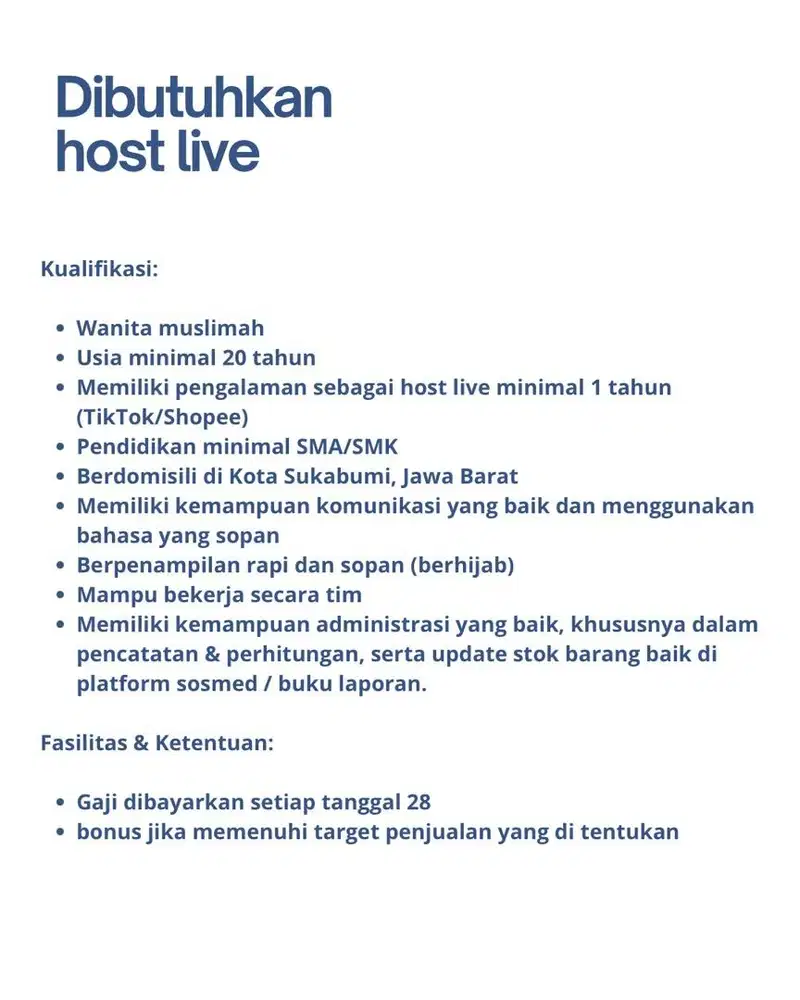 Dibutuhkan host live tiktok daerah sukabumi kota