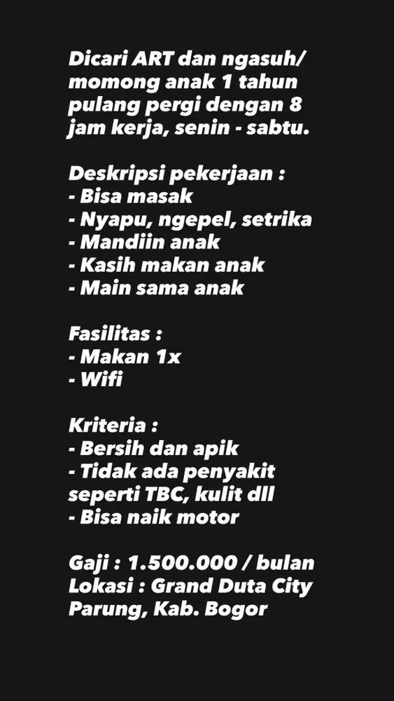 DICARI ART DAN NGASUH ANAK 1 TAHUN