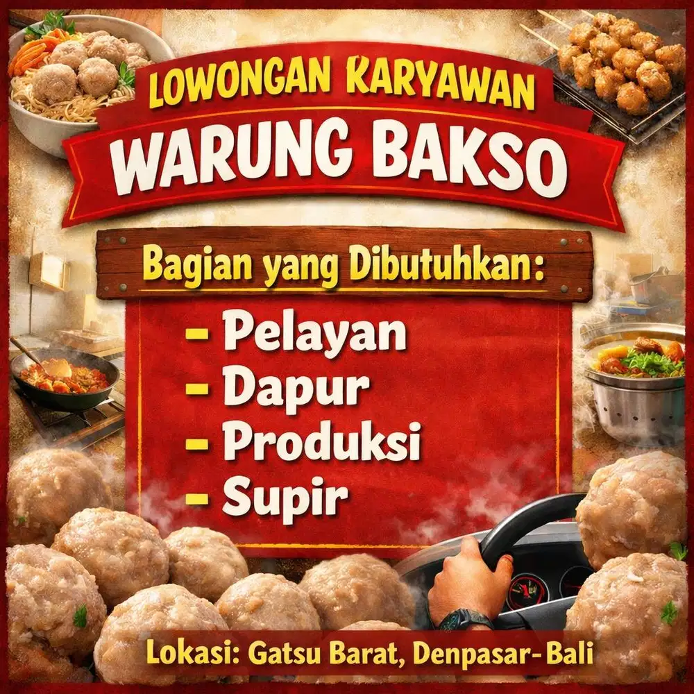 Lowongan karyawan bagian pelayan,dapur,produksi,supir