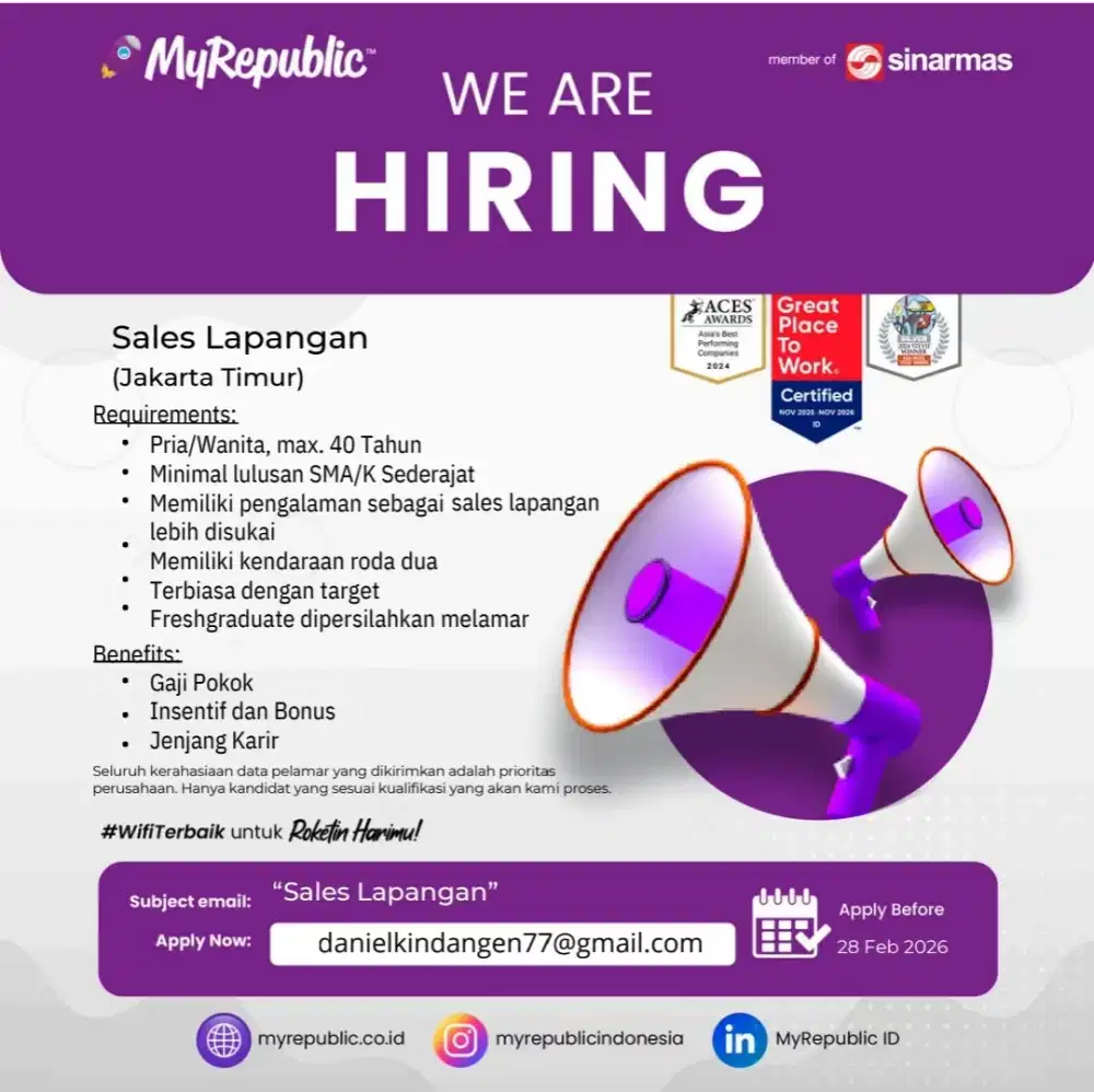 Sales Lapangan Internet Wifi MyRepublic