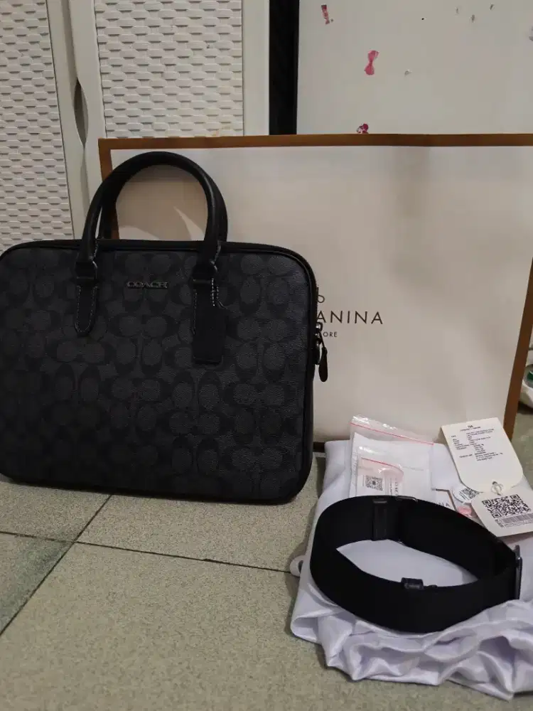 Coach Men CJ630 Signature Canvas Liam Compact Briefcase Charcoal