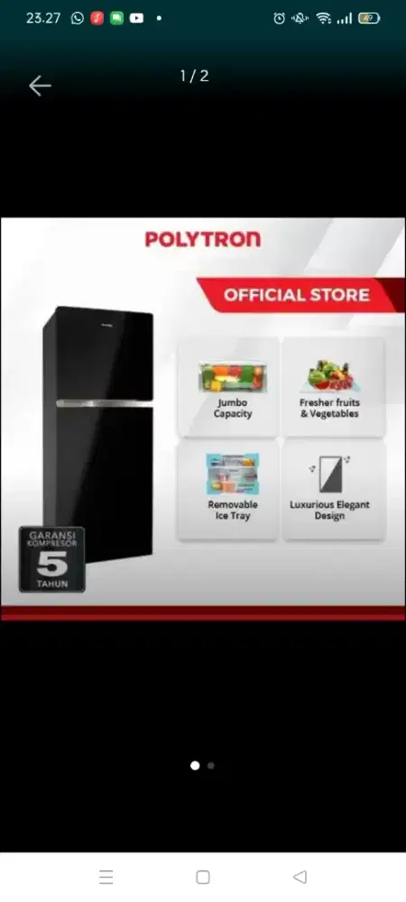 Kulkas Polytron 2 pintu baru 6 bulan pemakaian