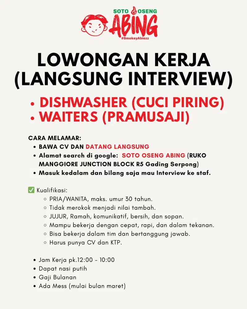 LOWONGAN KERJA Waiters (Pramusaji) & DISHWASHER (CUCI PIRING)