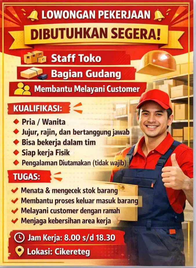 LOWONGAN KERJA STAFF TOKO DI UTAMAKAN PRIA