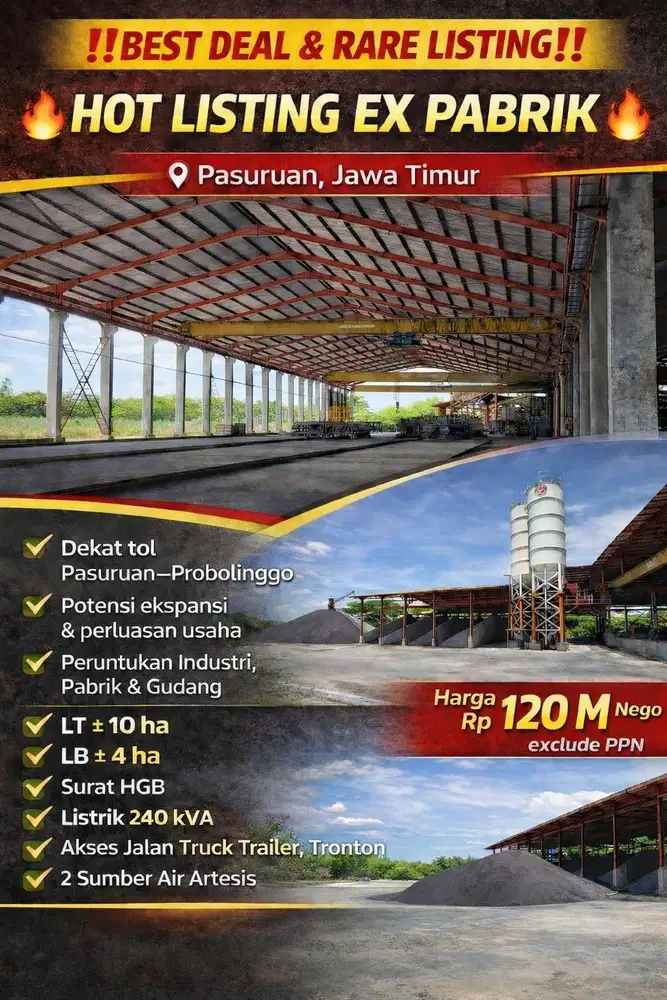 DIJUAL BANGUNAN EX PABRIK ADA 2 HALL PRODUKSI, KANTOR, GUDANG, DLL