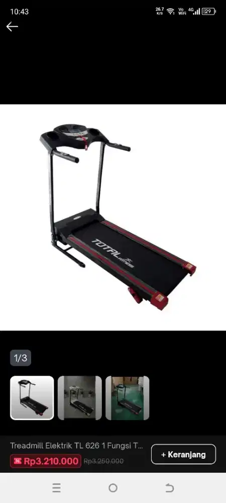 Alat Fitness Treadmill Elektrik Total Fitness TL 626 + Incline
