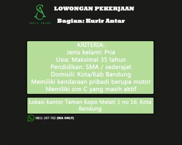 Dibutuhkan Kurir Antar Sparepart Mesin