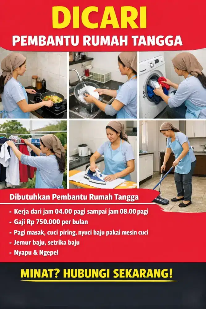 Butuh Pembantu Rumah Tangga (Part Time Pagi) – 4 Jam Kerja